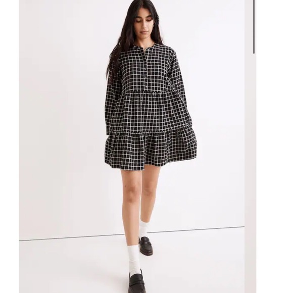 Madwell Flannel Button-Placket Tiered Mini Dress in Windowpane True Black XXL - Picture 1 of 9